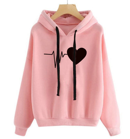 Heart Print Streetwear Hoodies for Women – Long Sleeve Pullover Sweatshirt - ChicVix