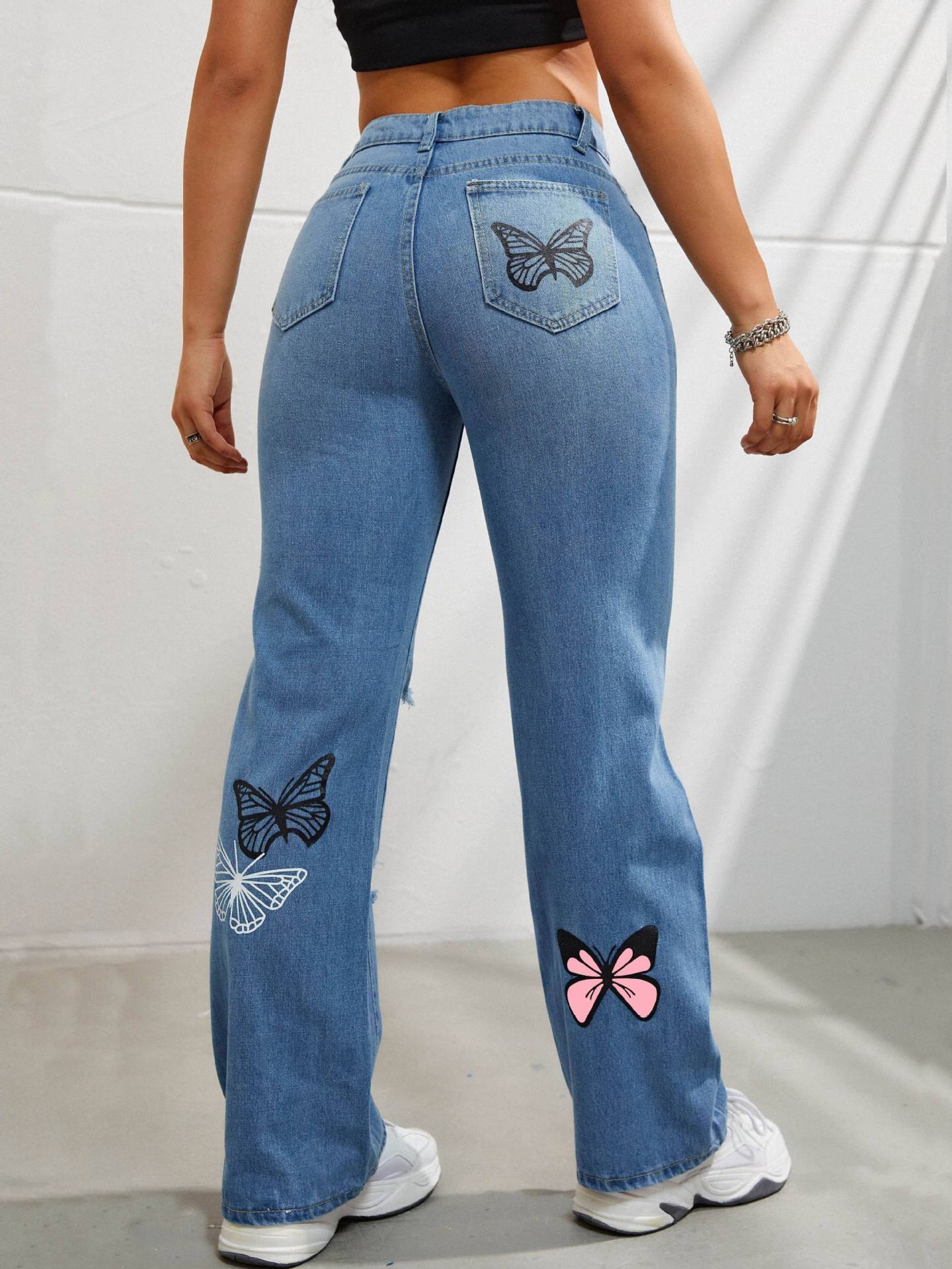 High Waisted Straight Leg Jeans for Women – Trendy Butterfly Print Ripped Distressed Denim Pants - ChicVix