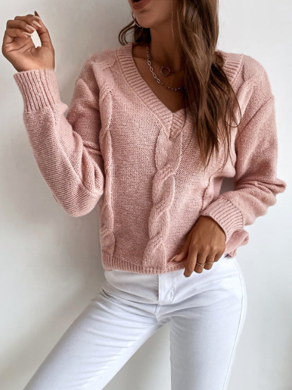 V-neck Loose Fit Long-sleeve Sweater for Autumn and Winter - ChicVix