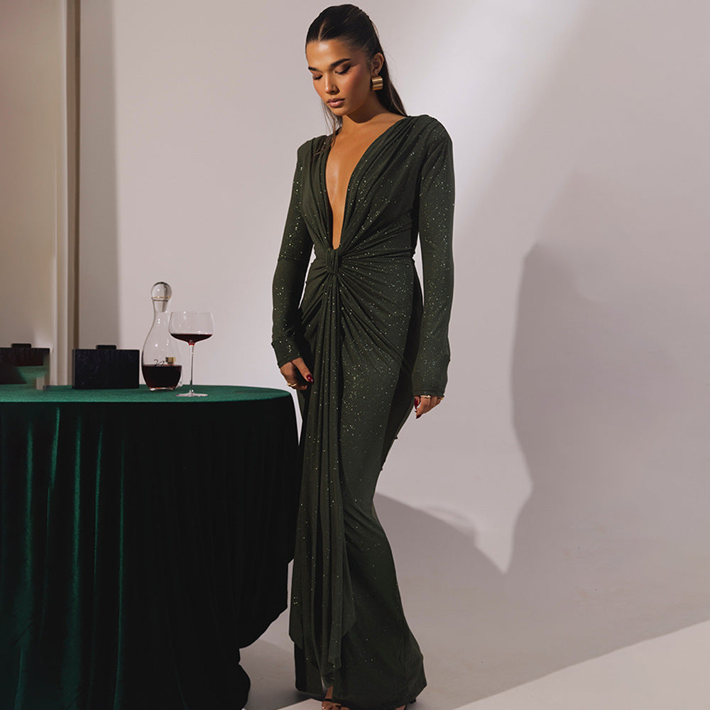 Elegant Deep V-neck Ribbon Slit Slim-fit Long Sleeve Dress