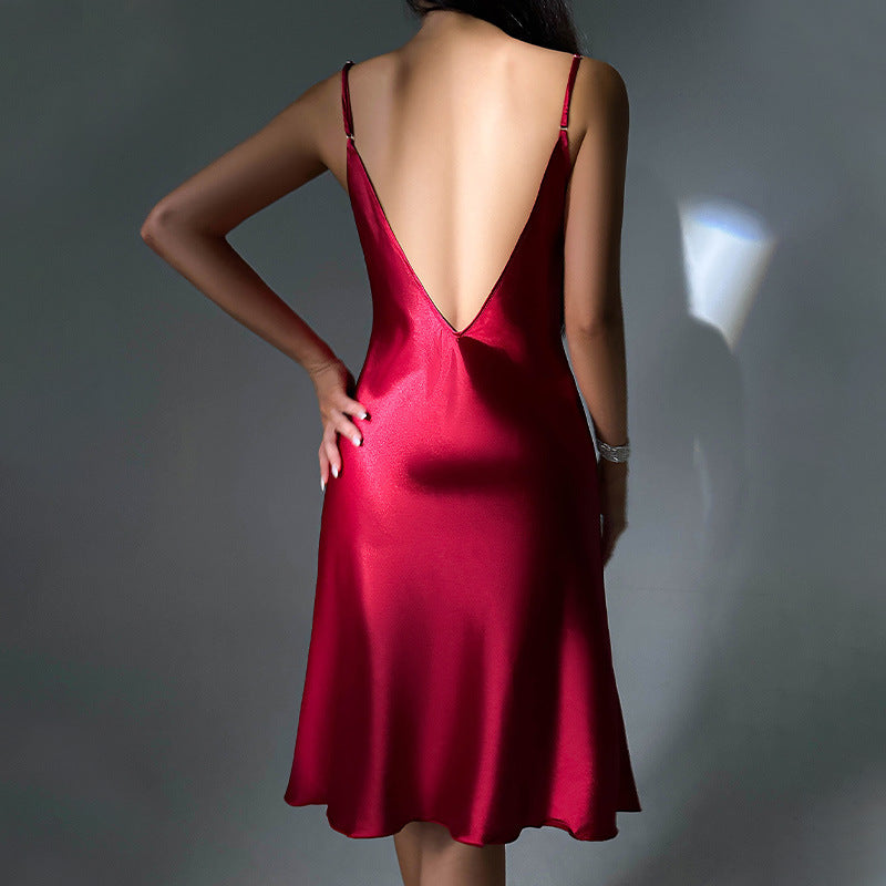 Elegant Silk-Like Backless Mid-Length Slip Nightdress with Slit