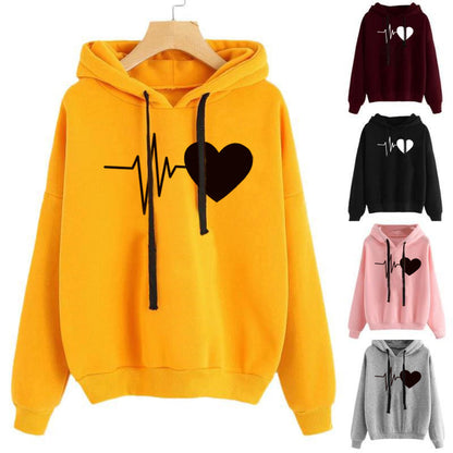 Heart Print Streetwear Hoodies for Women – Long Sleeve Pullover Sweatshirt