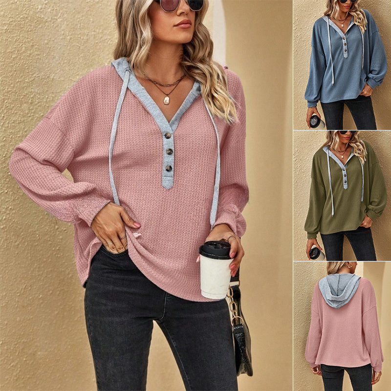 Button Detail Hooded Sweatshirt - Casual Loose Long Sleeve Solid Color Women's Hoodie