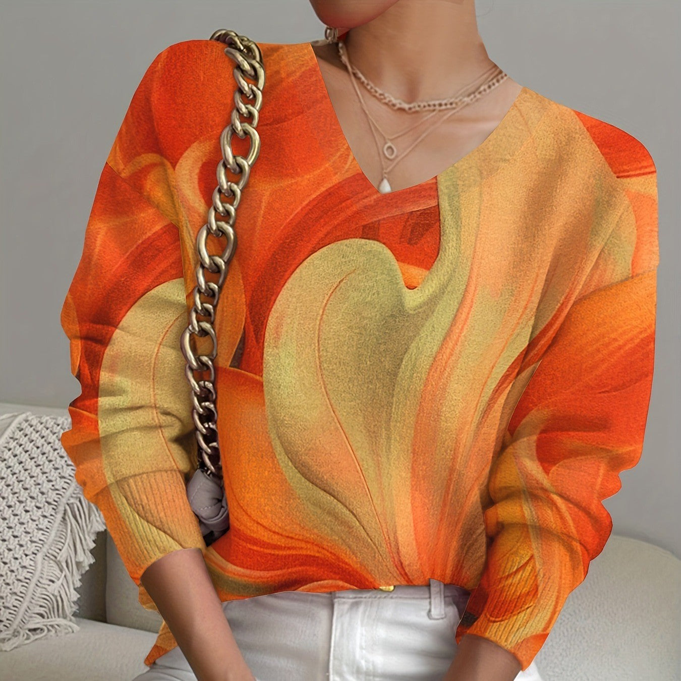 Stylish V-Neck Long Sleeve Sweater with Vibrant Prints