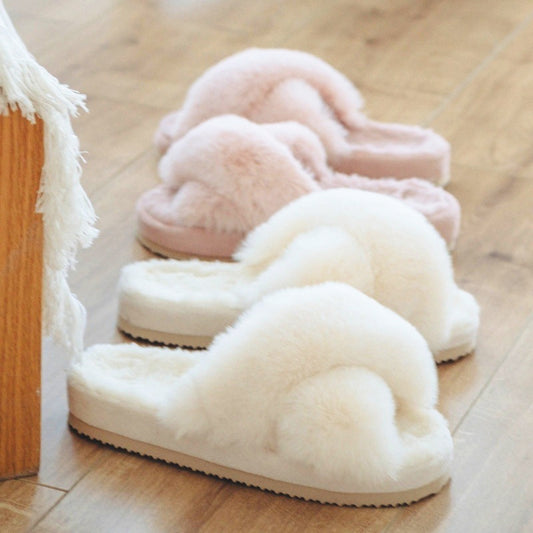 Cozy Fluffy Faux Fur Cross Slides for Women