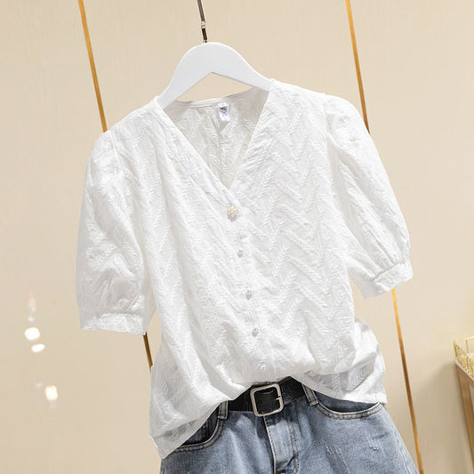 White Cotton Embroidered Puff Sleeve Shirt for Women