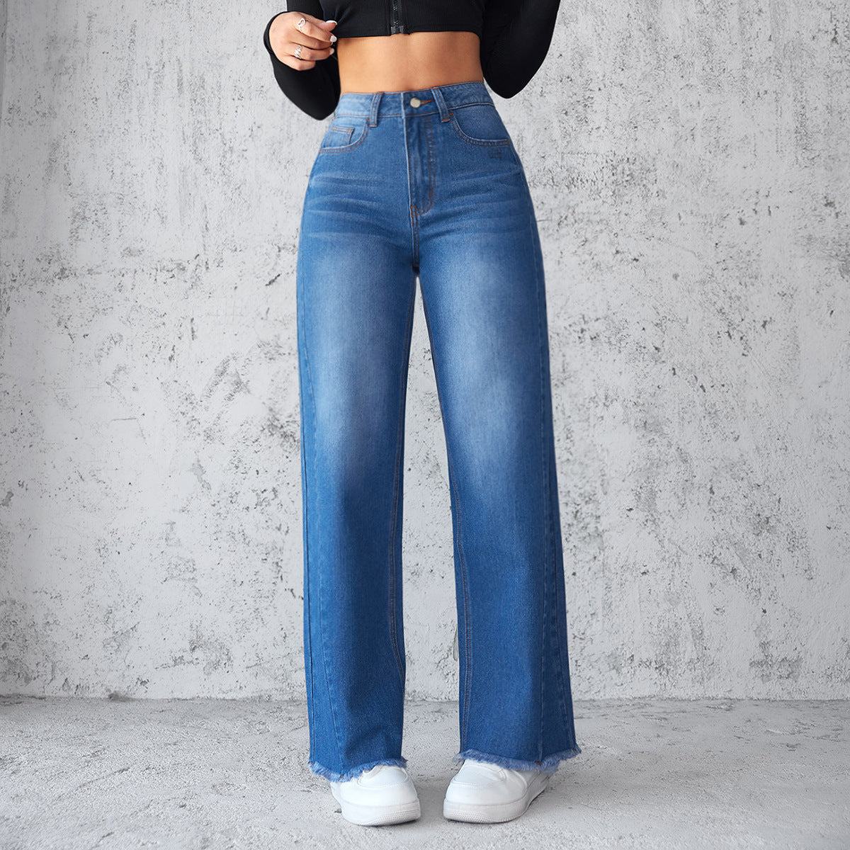 Women's High-Waist Wide-Leg Straight Jeans – Casual Non-Elastic Denim Pants