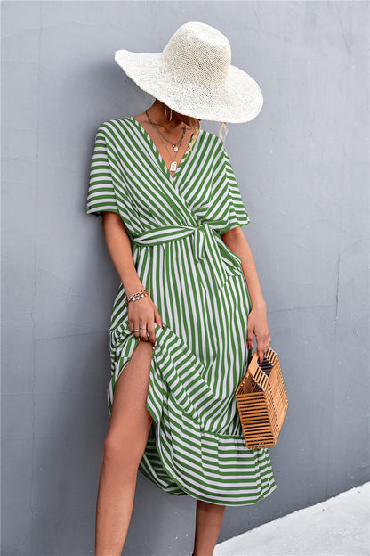 European & American Spring/Summer Cross V-Neck Lace-Up Striped Maxi Dress