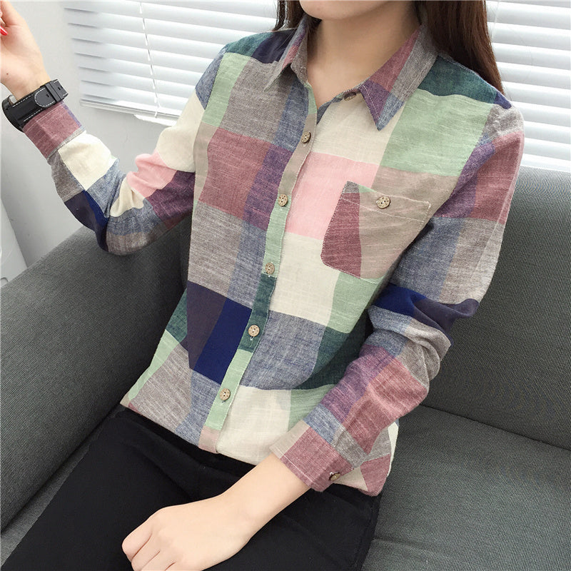 Casual Plaid Kimono Blouse for Women - Vintage Linen Cotton Long Sleeve Shirt