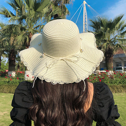 Women's Summer Beach Sun Hat with Bow Ribbon – Foldable Straw Hat for Seaside Vacation - ChicVix