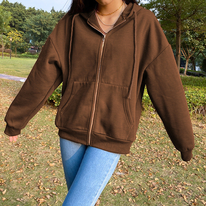 Brown Y2K Aesthetic Zip Up Sweatshirt Women