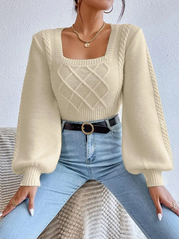 Minimalist Solid Color Square Neckline Sweater - ChicVix