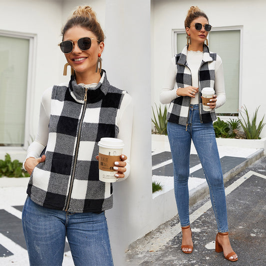 British Checkered Zipper Stand Collar Vest