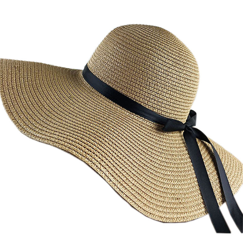 Women's Summer Beach Sun Hat with Bow Ribbon – Foldable Straw Hat for Seaside Vacation - ChicVix