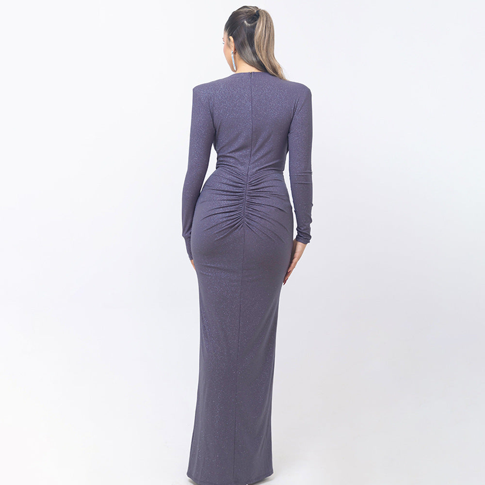 Elegant Deep V-neck Ribbon Slit Slim-fit Long Sleeve Dress