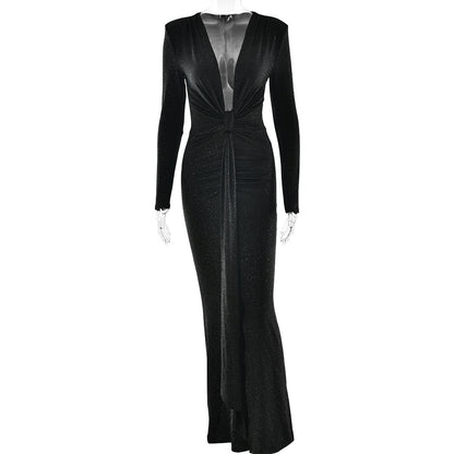 Elegant Deep V-neck Ribbon Slit Slim-fit Long Sleeve Dress