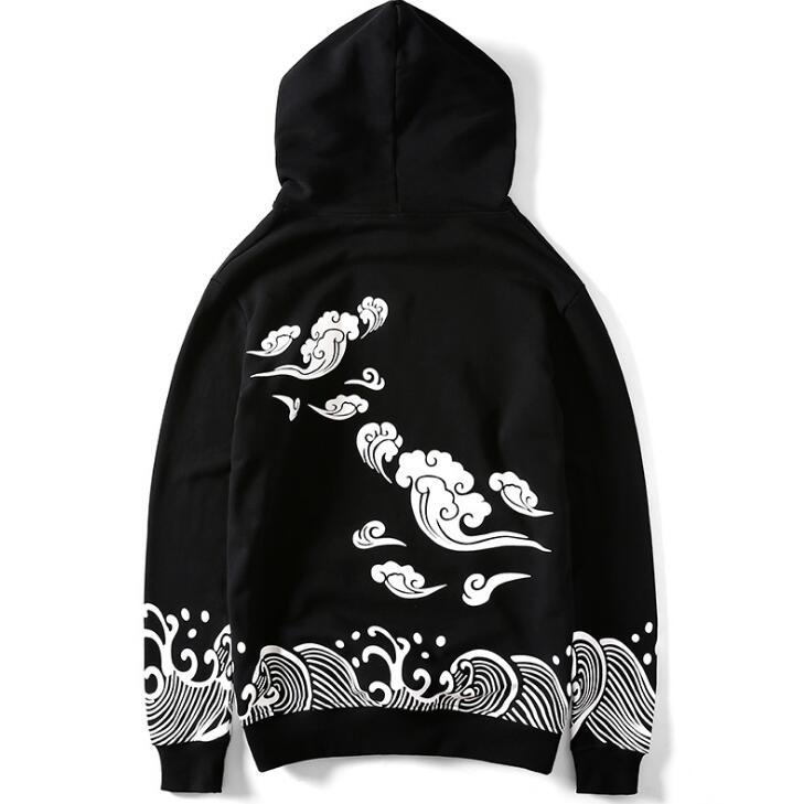 Harajuku Style Xiangyun Wave Print Hooded Pullover Sweater for Men