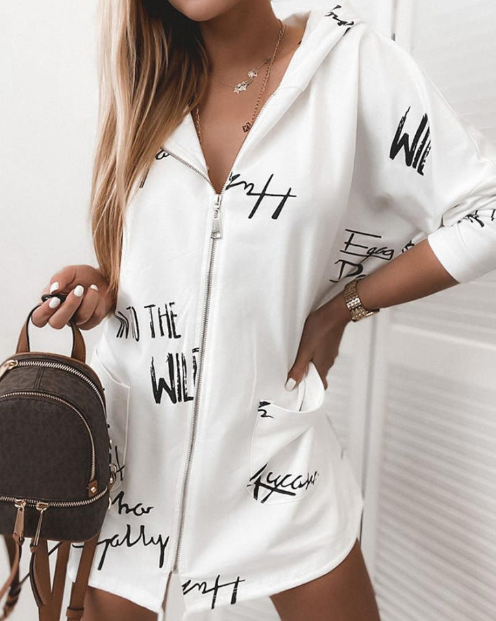 Women's Casual Letter Print Zipper Hoodie Windbreaker Jacket