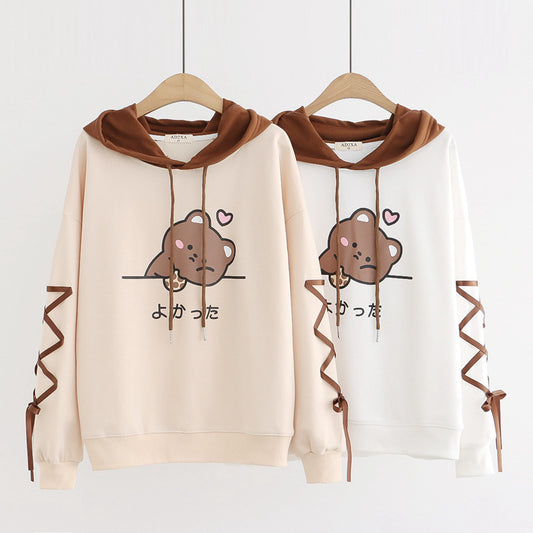 Cartoon Print Hooded Pullover Sweater for Students