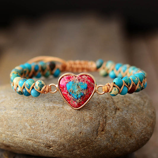 Red Emperor Stone Peach Heart Love Braided Bracelet for Men - ChicVix