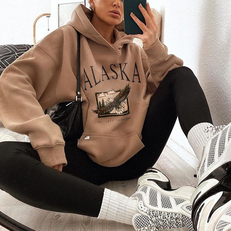 Casual Eagle Print Hooded Pullover Sweater