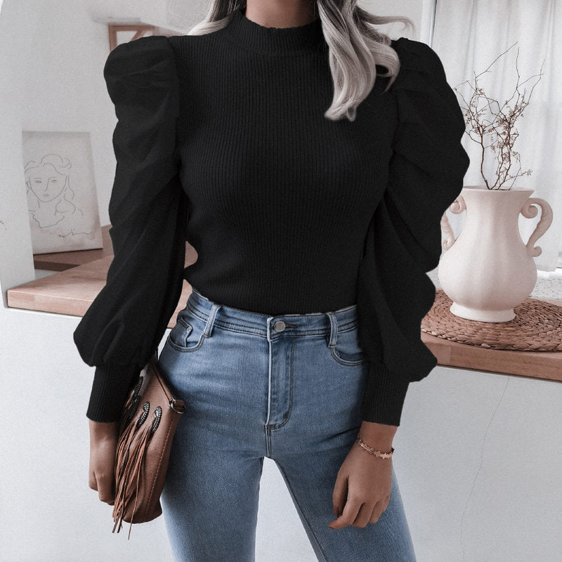 Blouse Women Puff Sleeve Knit Tops - ChicVix