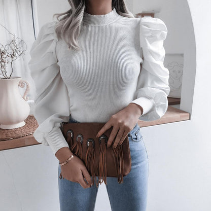 Blouse Women Puff Sleeve Knit Tops - ChicVix