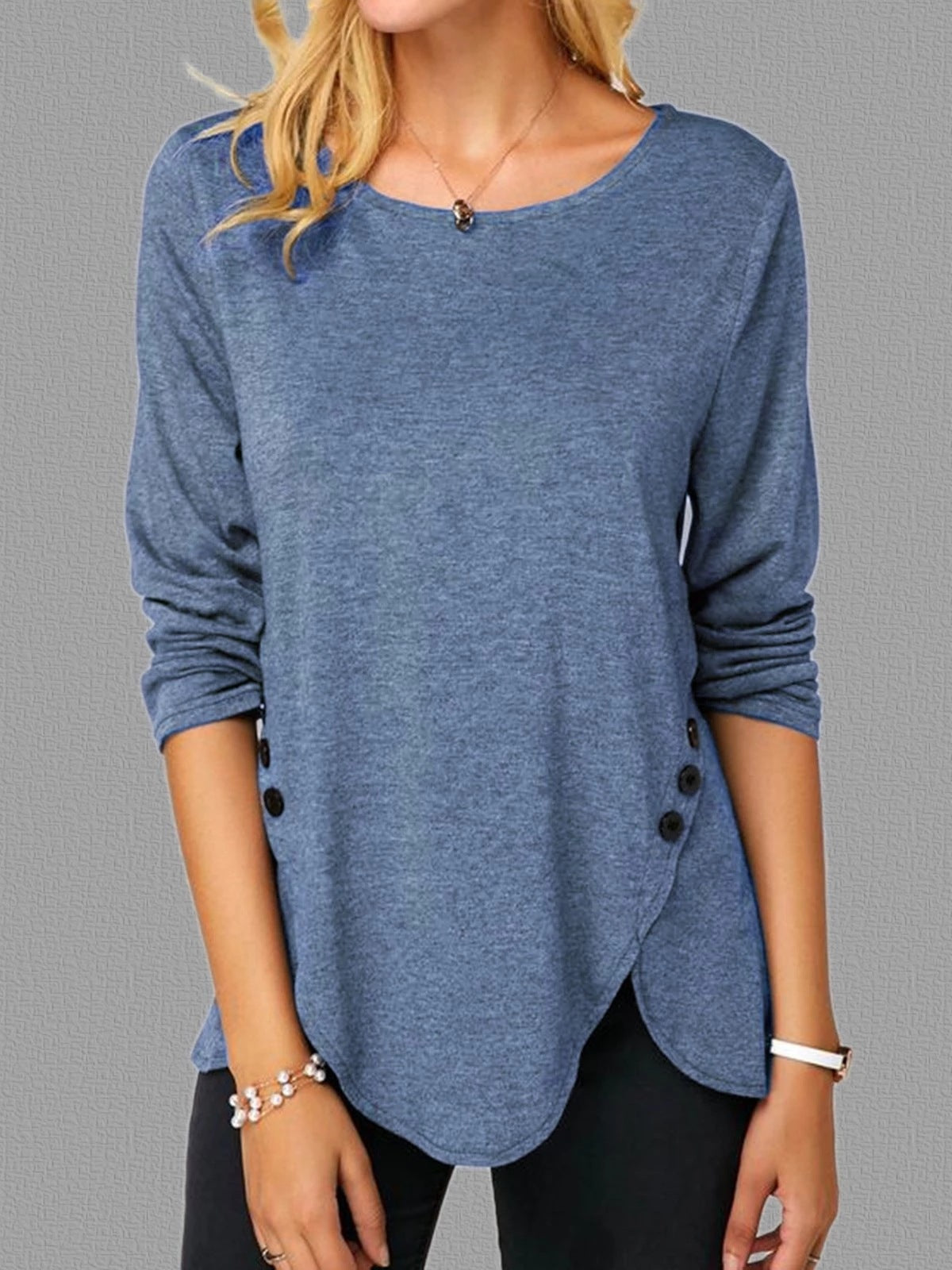 Trendy Long Sleeve Round Neck T-shirt with Asymmetrical Button Hem - ChicVix