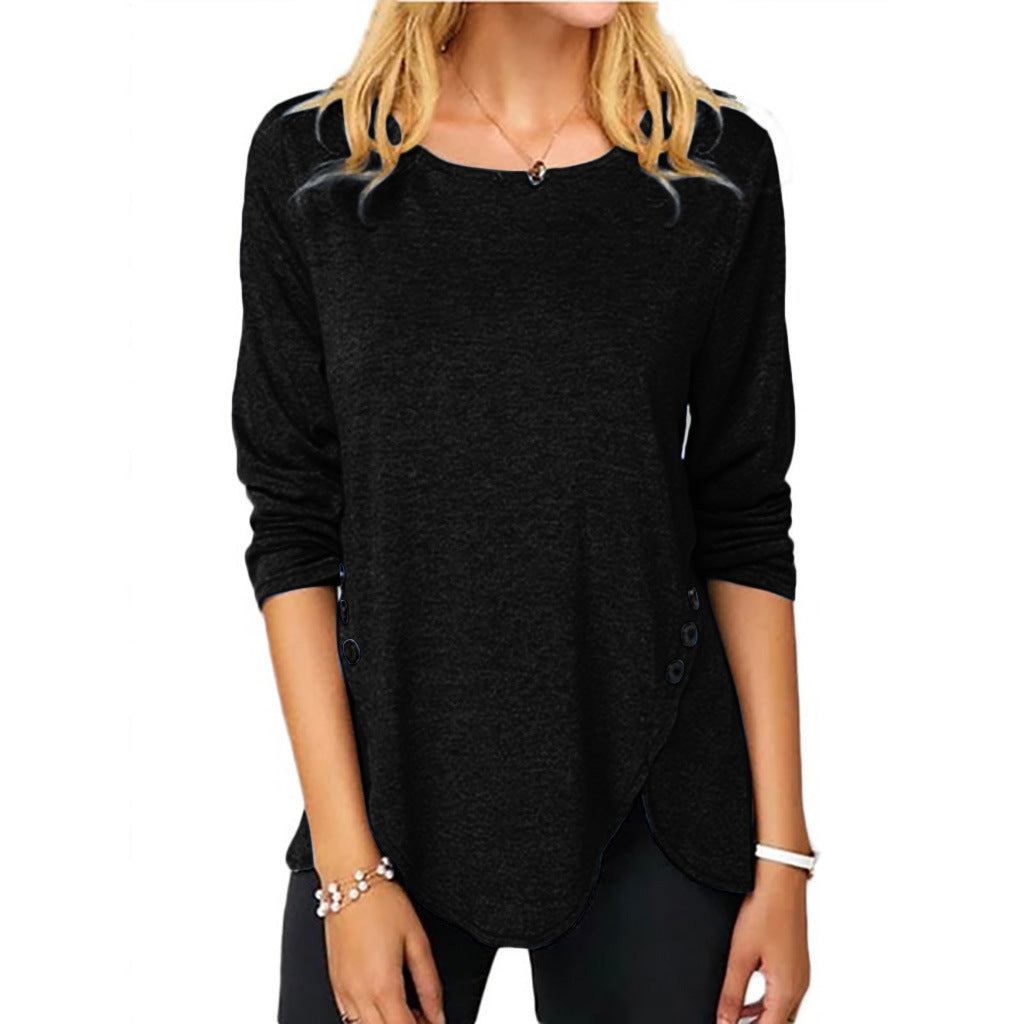 Trendy Long Sleeve Round Neck T-shirt with Asymmetrical Button Hem - ChicVix