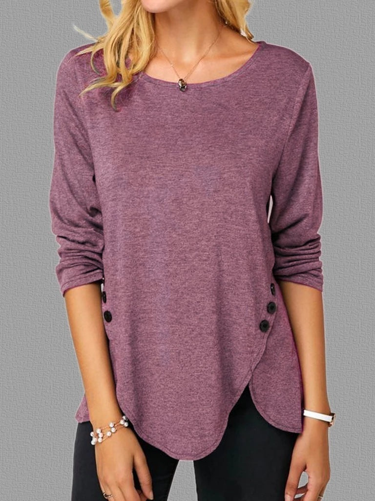 Trendy Long Sleeve Round Neck T-shirt with Asymmetrical Button Hem