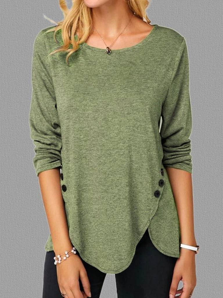 Trendy Long Sleeve Round Neck T-shirt with Asymmetrical Button Hem - ChicVix