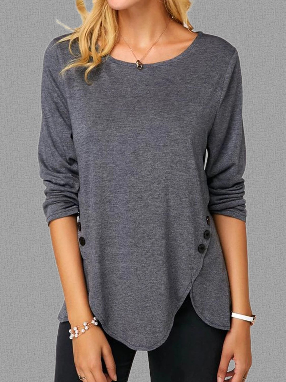 Trendy Long Sleeve Round Neck T-shirt with Asymmetrical Button Hem - ChicVix