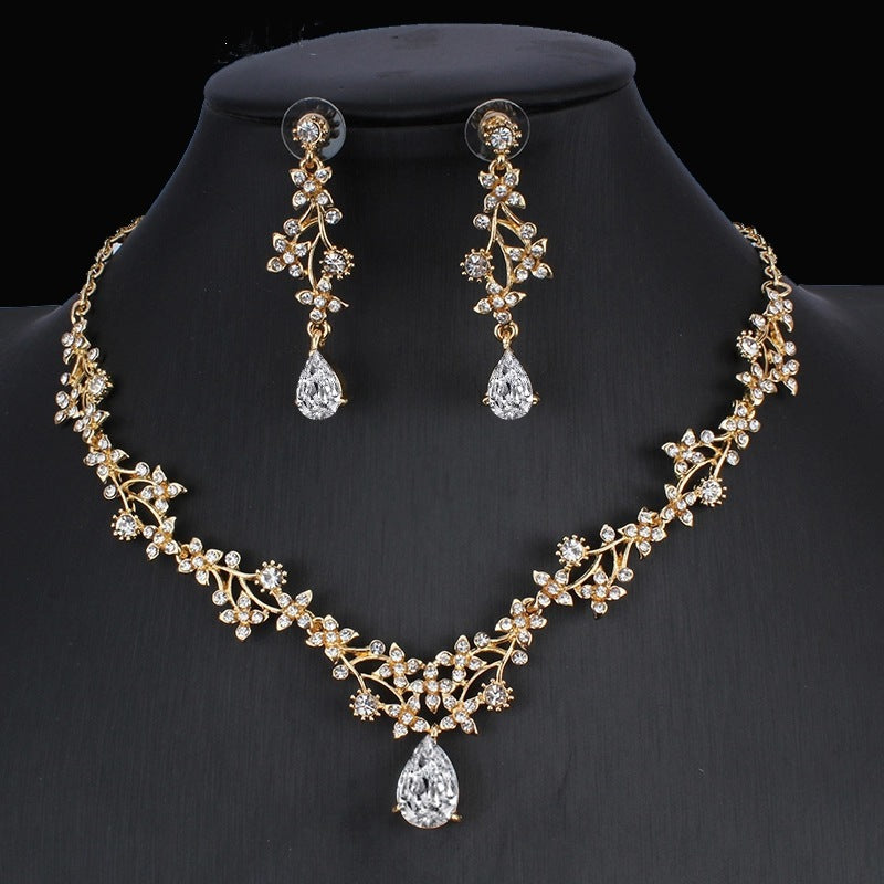 Golden Zircon Jewelry Set - Elegant Bridal Necklace and Earrings Two-Piece Set