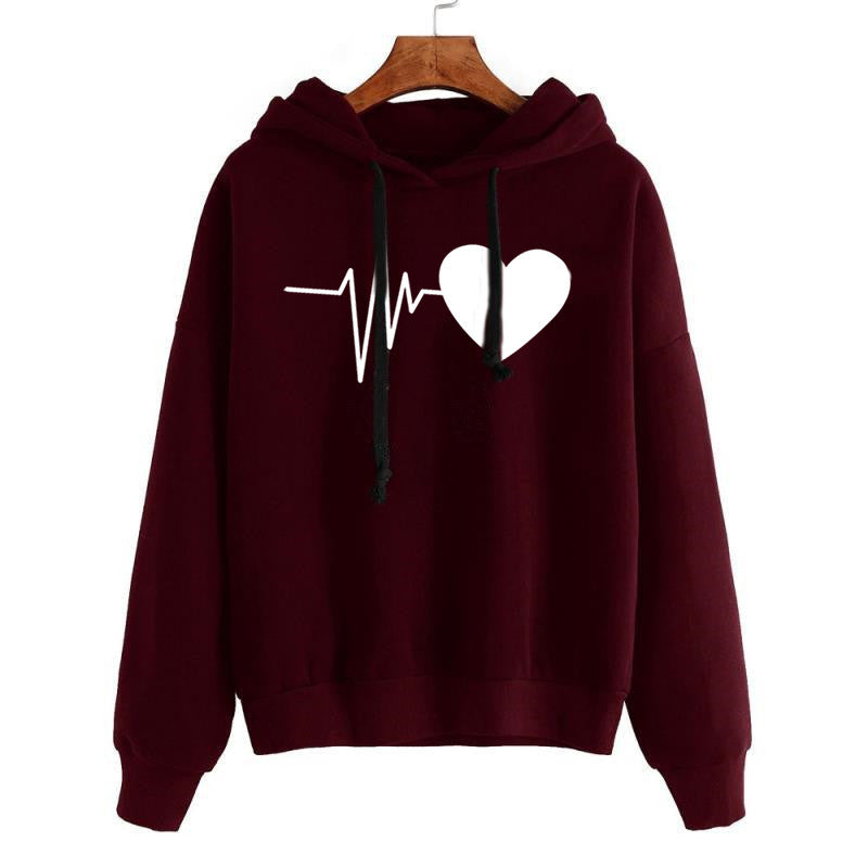 Heart Print Streetwear Hoodies for Women – Long Sleeve Pullover Sweatshirt - ChicVix