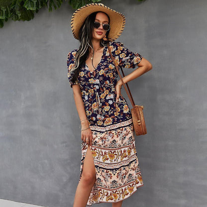 Women's Summer Holiday Style Printed V-Neck Dress