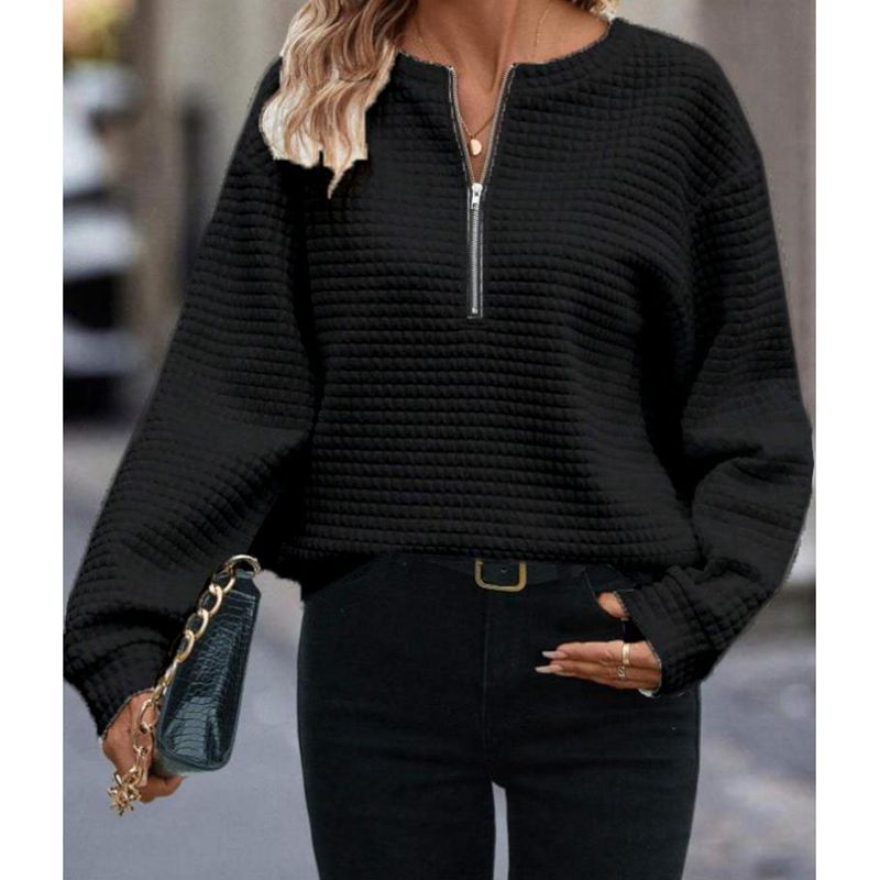 Solid Color Long Sleeve Women's Sweater with Zipper Detail - ChicVix