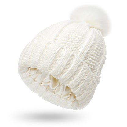 Fashion Stretchy Satin-Lined Skull Knit Beanie Hat for Women - Faux Fur Pom Pom Winter Hat - ChicVix