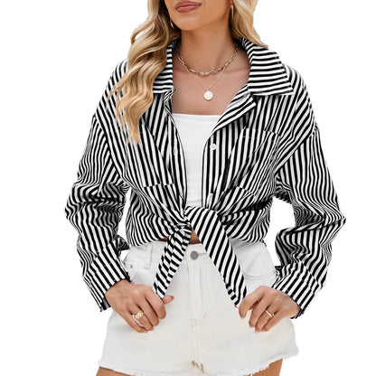 Fashion Striped Long Sleeve Shirt with Pockets - ChicVix