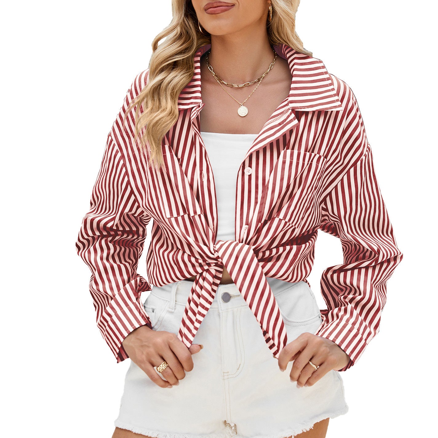 Fashion Striped Long Sleeve Shirt with Pockets - ChicVix