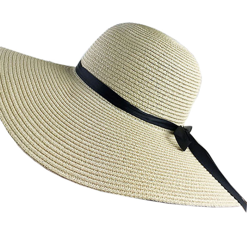 Women's Summer Beach Sun Hat with Bow Ribbon – Foldable Straw Hat for Seaside Vacation - ChicVix