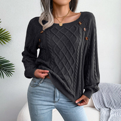 Square Neck Button Fried Dough Twist Knitting Sweater – Basic Loose Fit Long Sleeve Top - ChicVix