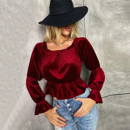 Elegant French Style Velvet Long Sleeve T-Shirt for Women - ChicVix