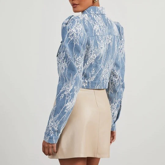 Floral Lace-Trimmed Loose Denim Jacket - ChicVix