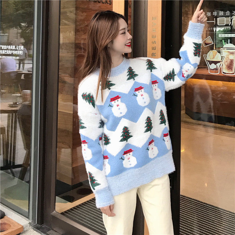 Christmas Tree & Snowman Knitted Pullover Sweater - ChicVix