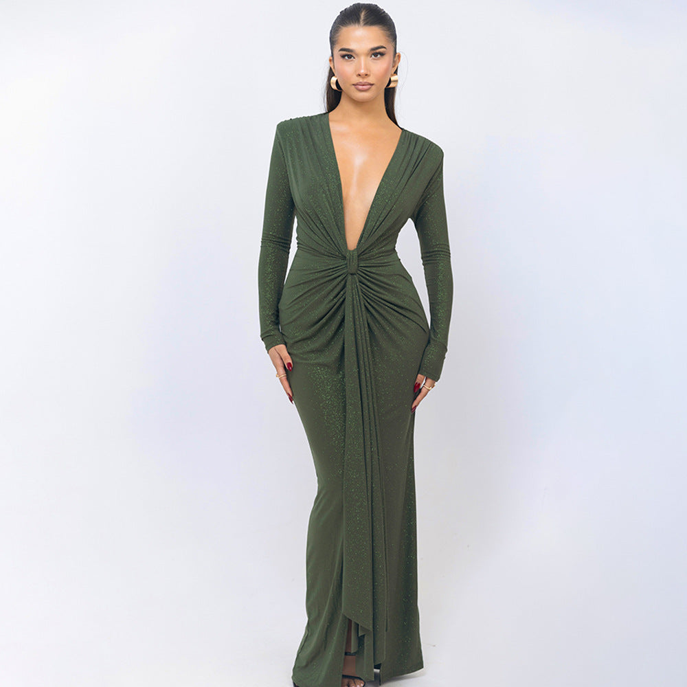 Elegant Deep V-neck Ribbon Slit Slim-fit Long Sleeve Dress