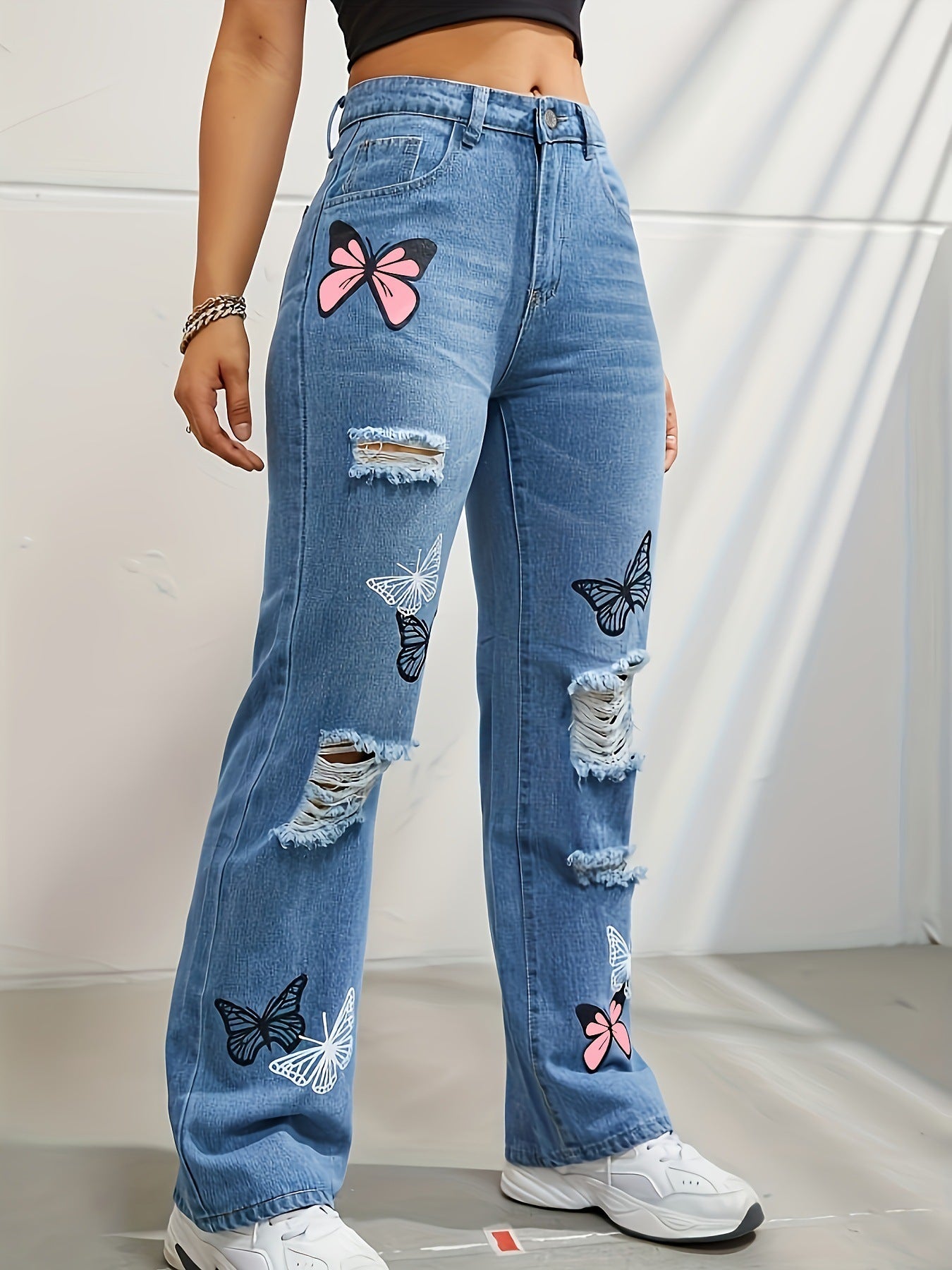 High Waisted Straight Leg Jeans for Women – Trendy Butterfly Print Ripped Distressed Denim Pants - ChicVix