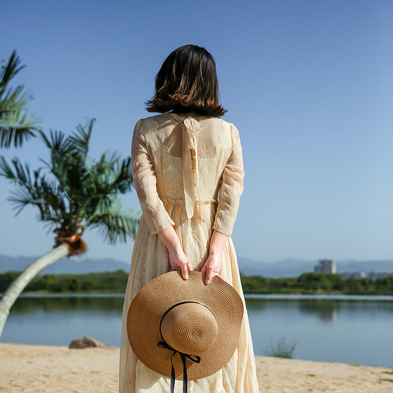 Women's Summer Beach Sun Hat with Bow Ribbon – Foldable Straw Hat for Seaside Vacation - ChicVix