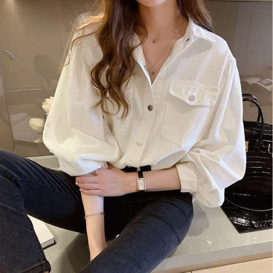 Korean-Inspired Solid Blouse with Pockets for Women - Spring Collection