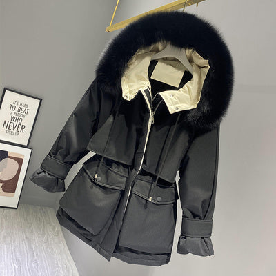 Fashion Hooded Faux Fur Collar Down Jacket with Big Pockets for Women - ChicVix