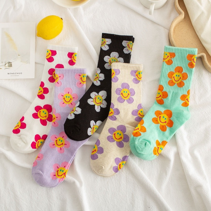 Women's Sunflower Jacquard Middle Tube Socks - ChicVix